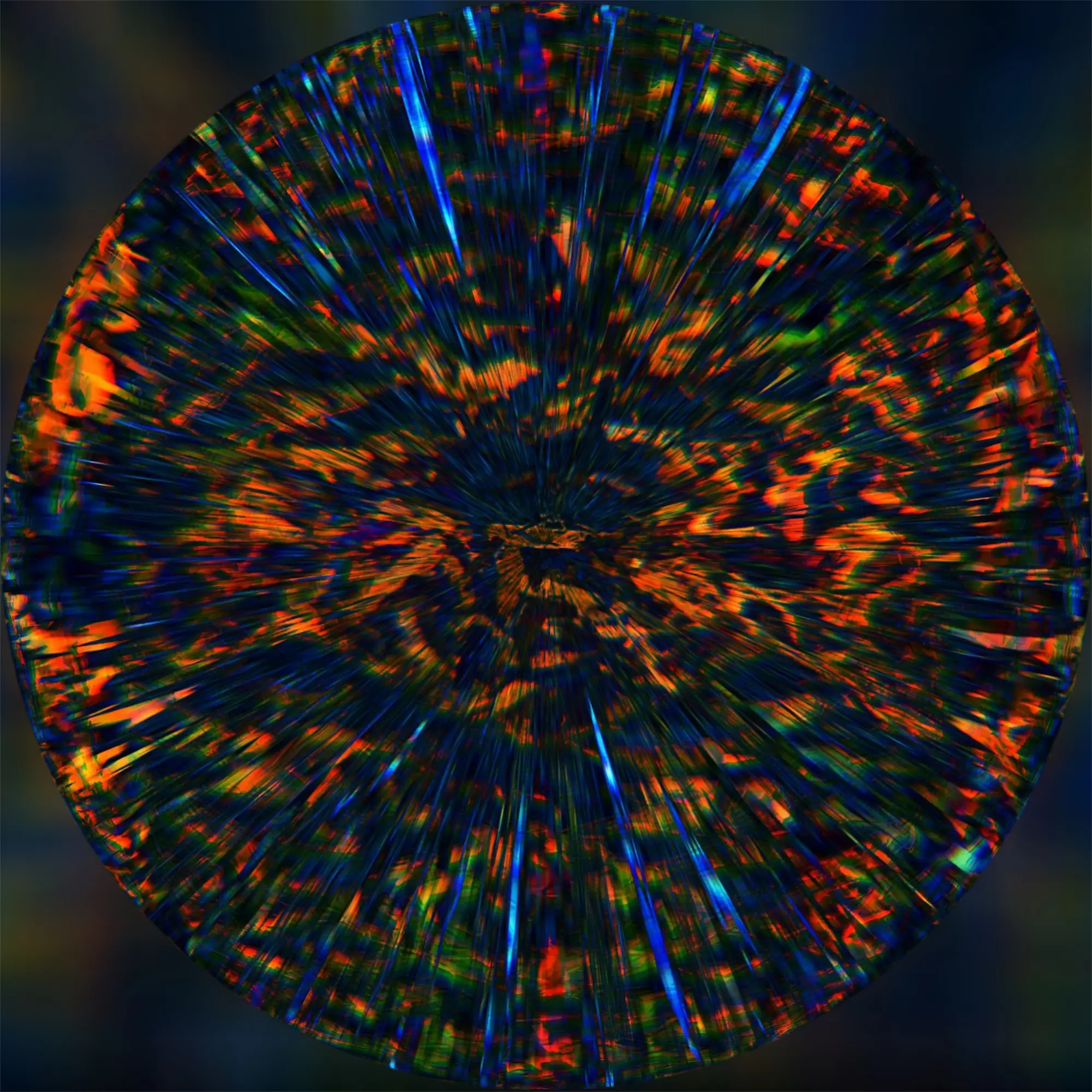A circular pattern breaking into glitch-like fragments