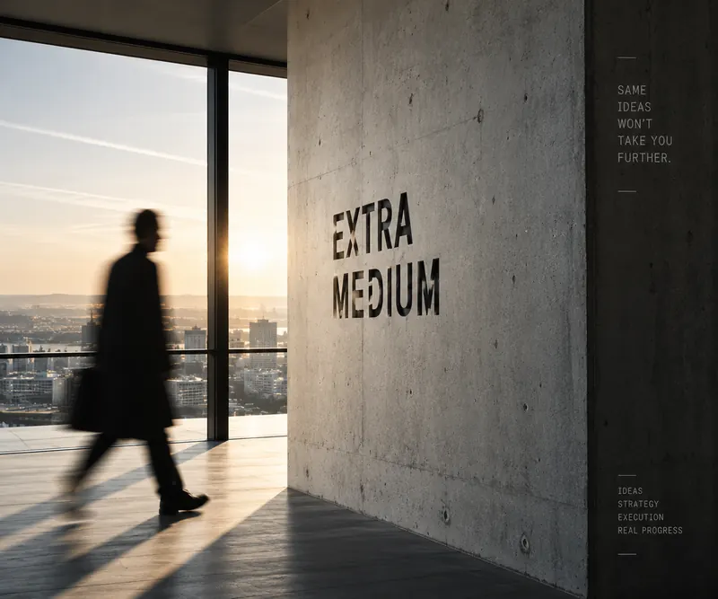 The words Extra Medium stencilled on a concrete wall